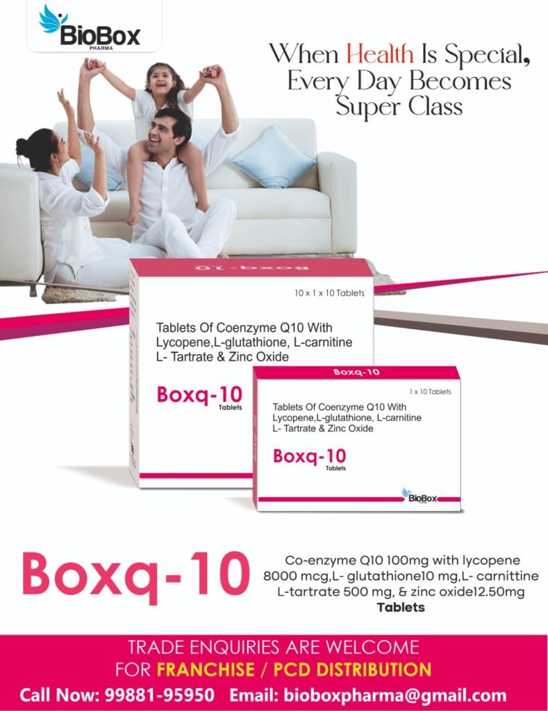 Coenzyme Q10+Lycopene+L-Glutathione+L-Carnitine+Zinc Oxide Tablet Manufacturer in India. Call BioBox Pharma 9988195950, bioboxpharma@gmail.com